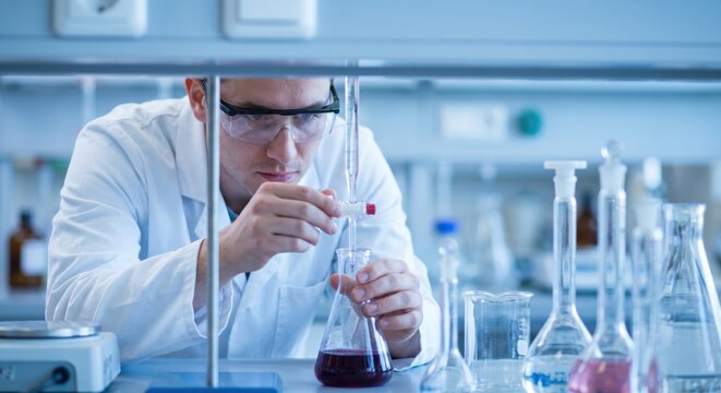 Scientist performing titration test on wine sample in lab