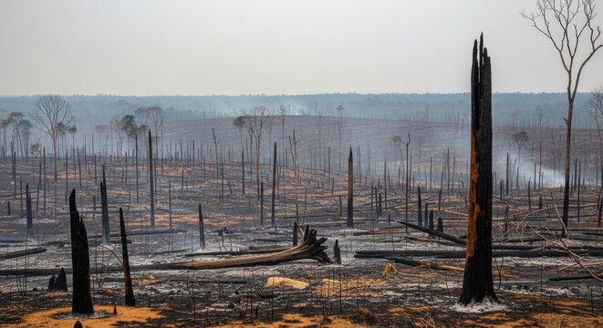 Charred remains of vast forest landscape after devastating wildfire smoldering ash and burnt tree trunks under gray smoke filled sky