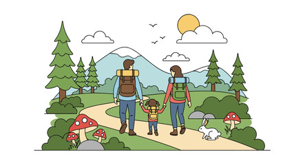 Fototapeta premium Family of three with backpacks walking down a winding path towards a beautiful and tall snowy mountain landscape range.