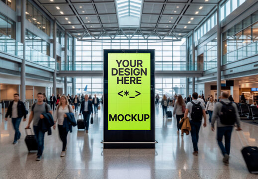 Vertical Billboard In Bright Clean Airport Interior Mockup