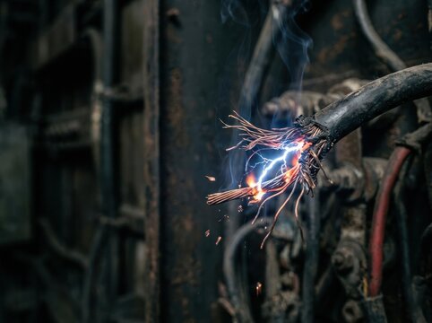 Exposed High Voltage Electrical Cable with Arc Flash Sparks Creating Dangerous Industrial Safety Hazard