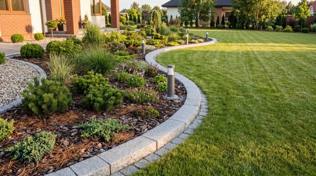 Modern manicured garden with a stone border and solar lawn lights.