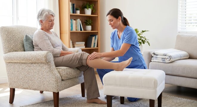 Nurse applying compression stocking to senior woman at home