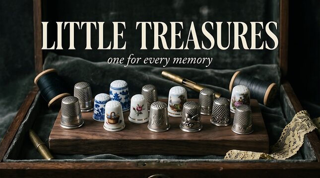 Vintage Thimbles Collection: A curated collection of antique thimbles, showcasing diverse designs and intricate craftsmanship, rests within an ornate wooden box.