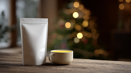 Obraz premium White Blank Pouch Packaging and Ceramic Mug on Rustic Wooden Table with Blurred Holiday Lights Backdrop - Cozy Winter Scene