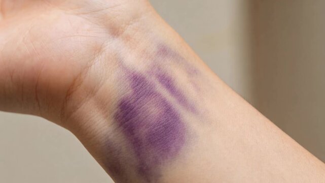 Close-up view of a large purple bruise on a human wrist, indicating a recent injury or impact.