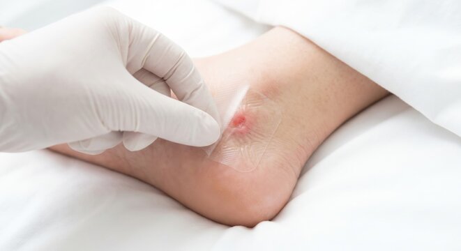 Medicated patch applied to pressure sore on ankle