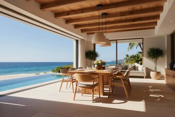 Fototapeta premium Luxury modern dining room opens to infinity pool and ocean view. Wooden table set for meal. White sofa area and lush palm trees outside. Sunny day.