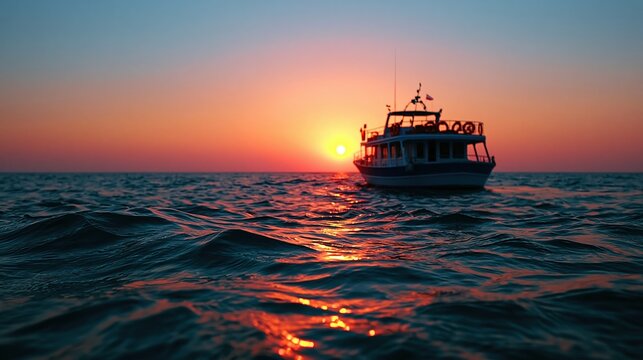 Boat Silhouette at Sunset on Tranquil Ocean