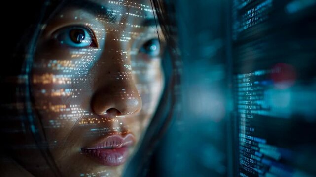 Woman face with digital code overlay.
