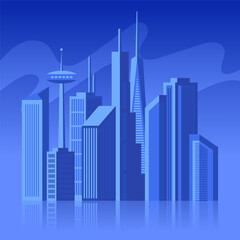 Obraz premium Futuristic blue cityscape with landmark towers, an observation spire and reflections. Minimal urban vector background for architecture, travel, business and modern design projects