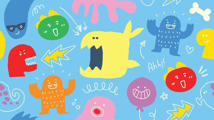 Cute colorful hand drawn monster shark doodle seamless pattern vector. Design for kids fabric, nursery wallpaper, wrapping paper, children stationery, Halloween party and playful cartoon background.