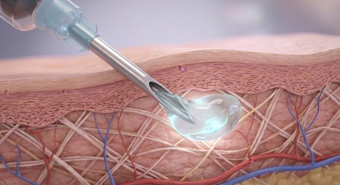 Cosmetic syringe injecting filler gel into skin dermis