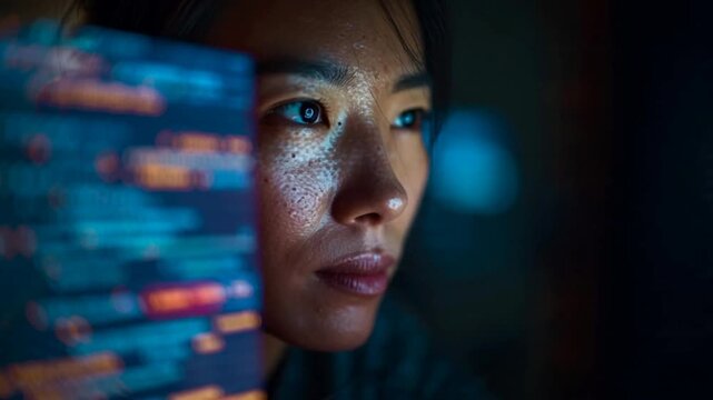 Woman looking at computer screen with code.