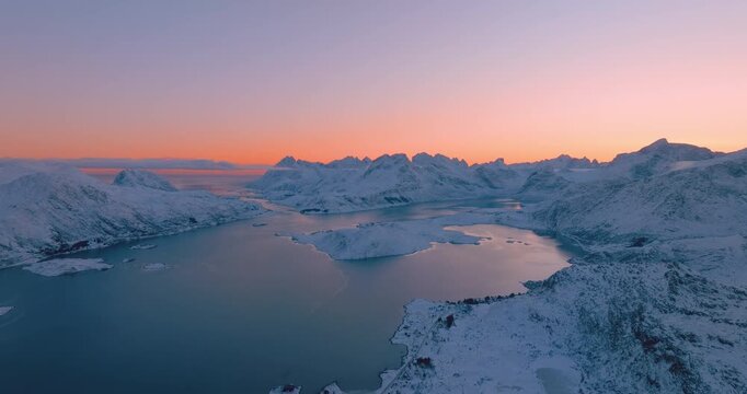 Aerial view of Lofoten peaks during sunset 
