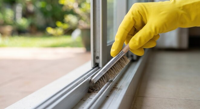 Cleaning sliding glass door tracks with detail brush