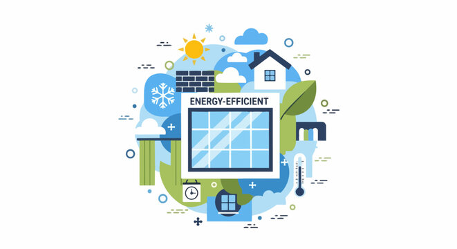 Energy Efficient Window Concept Illustration for Sustainable Living, Green Building Insulation, and Eco-Friendly Smart Home Technology