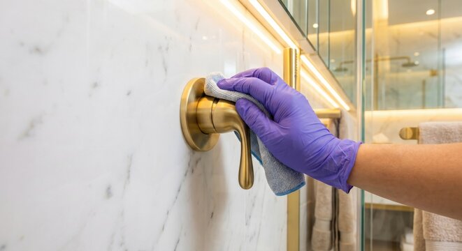 Professional cleaner polishing gold shower handle in luxury bathroom