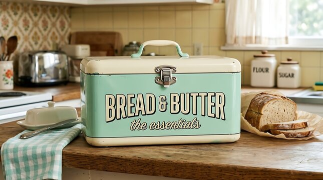 Bread and Butter Essential: A vintage breadbox, a cornerstone of any kitchen, rests on a countertop beside fresh-baked bread, evoking a sense of homely comfort and culinary delight.