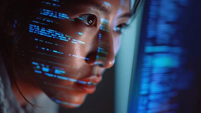 Woman looking at computer screen with code.