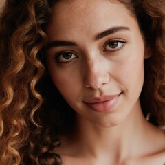 Fototapeta premium Young woman with curly brown hair and brown eyes smiles gently. Her natural makeup highlights her features. She looks friendly and attractive, creating a warm and inviting studio portrait.