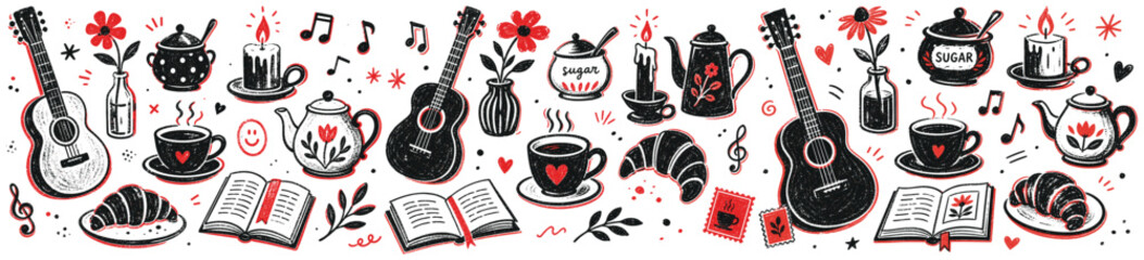 Obraz premium Charming hand-drawn black and red doodle illustrations of various cozy objects like guitars, books, coffee cups, and flowers