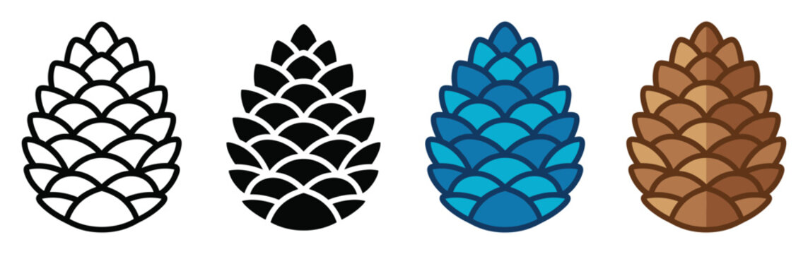 Four stylized pine cones in different colors and styles, including outline, solid black, blue, and brown, arranged horizontally