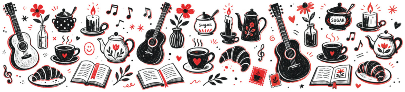Charming hand-drawn black and red doodle illustrations of various cozy objects like guitars, books, coffee cups, and flowers