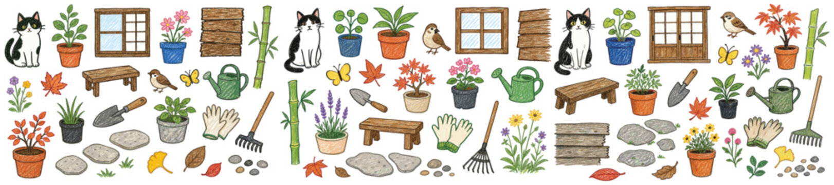 Charming collection of hand-drawn garden elements, including potted plants, cute animals, and various gardening tools