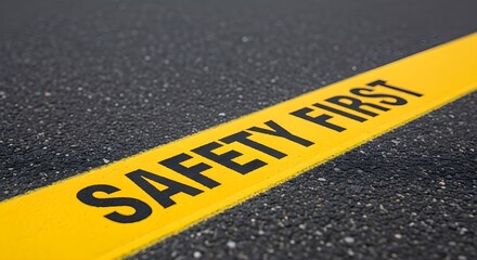 Bright yellow safety first text painted on dark asphalt road surface in a high angle photo