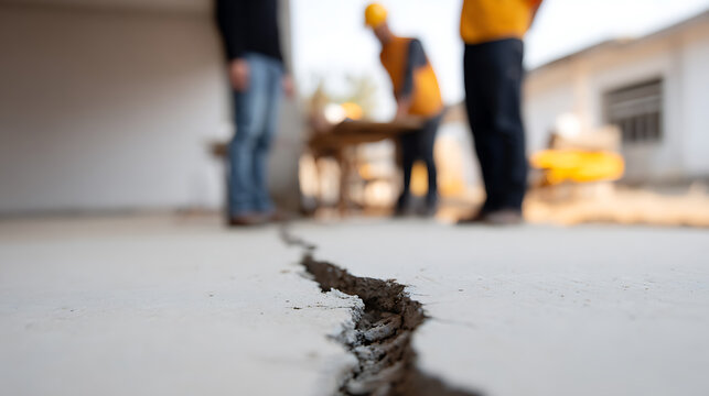 Severe concrete floor crack with blurred construction workers in background, highlighting structural damage and repair need