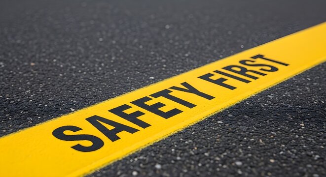 Bright yellow safety first text painted on dark asphalt road surface in a high angle photo
