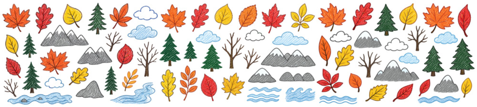 Colorful hand-drawn autumn nature elements, including various leaves, trees, mountains, clouds, and water