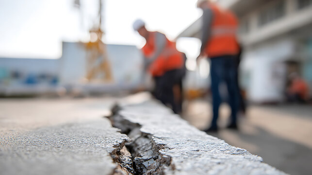 Serious crack in concrete surface with blurry construction workers in the background highlight infrastructure damage and repair need