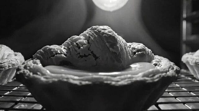 Black and white close up of fresh baked tarts with a flaky crust sitting inside an oven