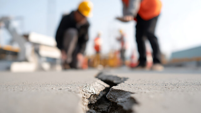 Close-up detail of a large crack in asphalt or concrete pavement with blurry construction workers or engineers in the background outdoors
