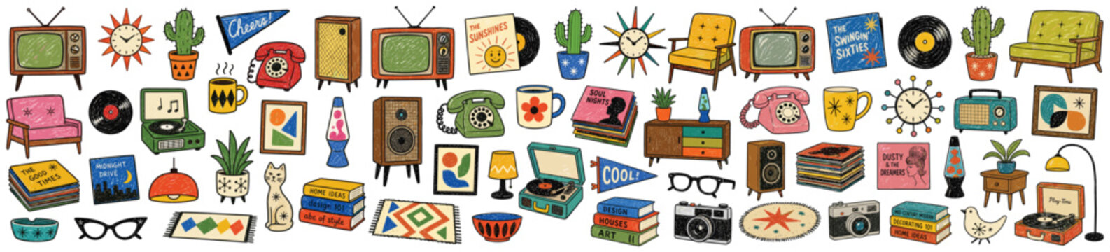Vibrant collection of hand-drawn mid-century modern home decor items and retro objects