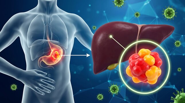 3D Medical Illustration of Stomach Cancer Metastasis to Liver