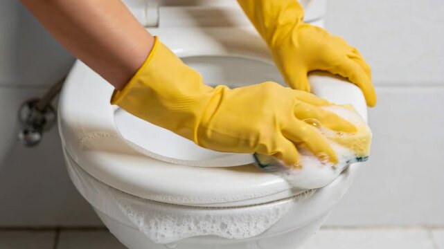 Hands wearing yellow rubber gloves clean a white toilet bowl with a soapy sponge in a bathroom.