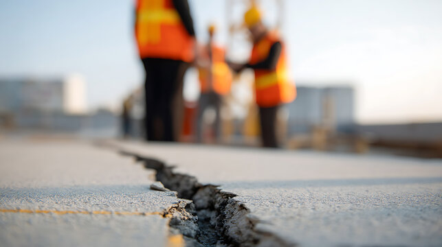 Close-up view of a large crack in asphalt or concrete road surface with out-of-focus construction workers in the background on a sunny day