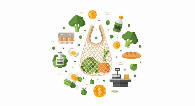 Sustainable Grocery Shopping and Food Budgeting Concept Illustration with Healthy Produce