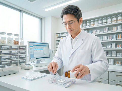 調剤薬局で薬を調合する薬剤師の男性