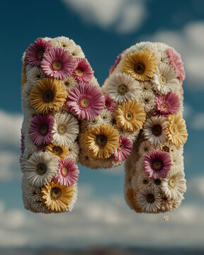 Large letter M covered with pastel daisies. Perfect for alphabet design, botanical branding, wedding graphics, and decorative typography.