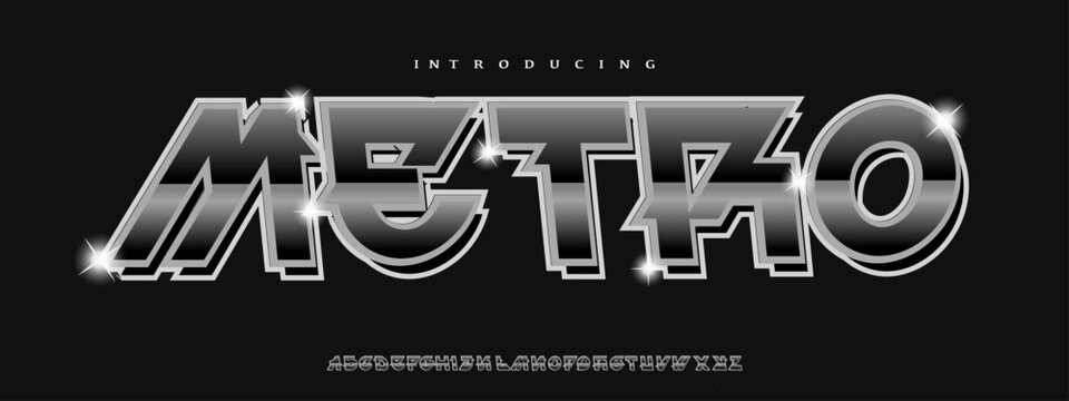 Metro: A retro futuristic chrome display. 80s racing font for synthwave posters, tech logos, and speed-themed designs on era 1980's.