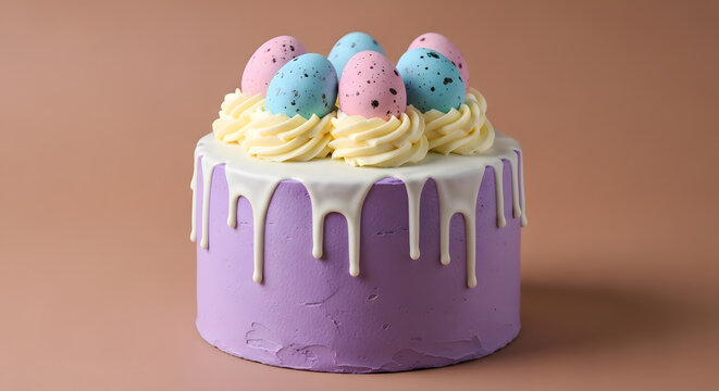 Purple cake with pastel robin egg topping and white drizzle frosting on peach background