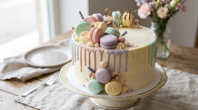 Elegant drip cake adorned with colorful macarons and a 'Sweet' topper