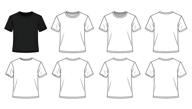 A black t-shirt alongside seven outlined t-shirt designs
