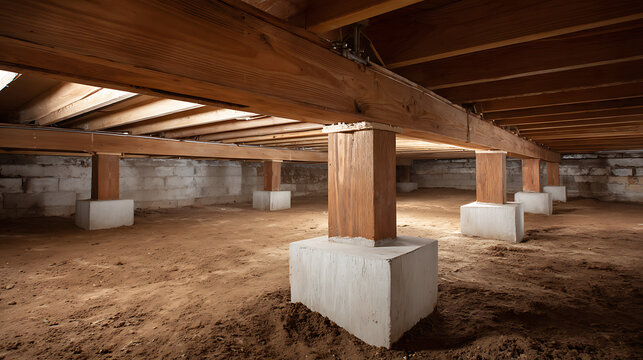 Crawl Space Foundation with Wooden Beams and Concrete Piers Supporting a Home Structure from Below, Ground Level View