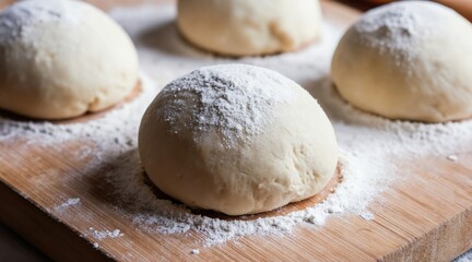 Fototapeta premium Raw dough balls covered in flour rest on a wooden board. Closeup of bread or pizza dough preparation for baking. These balls proof before cooking.