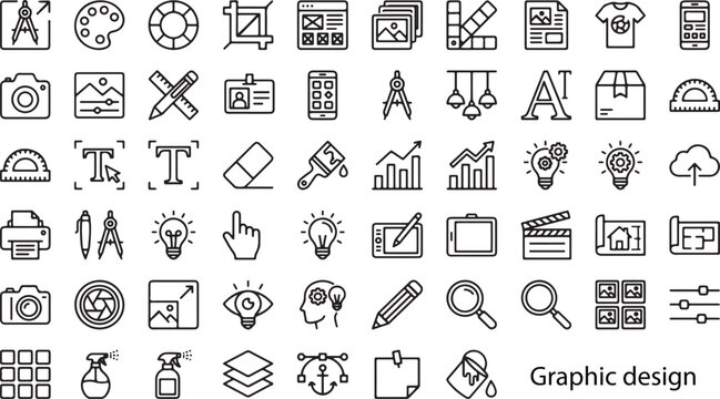 Graphic design and creative editing outline icon set for branding photography typography and digital media tools